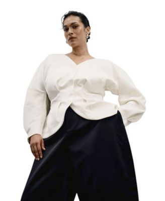 Plus Size Crescent Moon Puff-Sleeve V-Neck Jacket