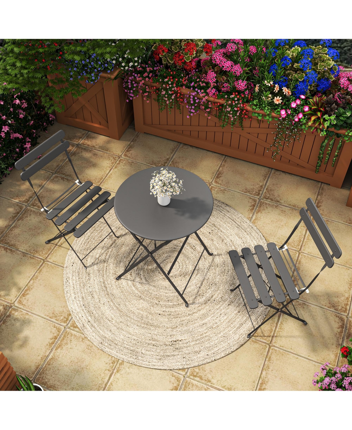 Clihome 3 Piece Folding Metal Bistro Set, Foldable Round Table and 2 Chairs Indoor Outdoor Patio Furniture