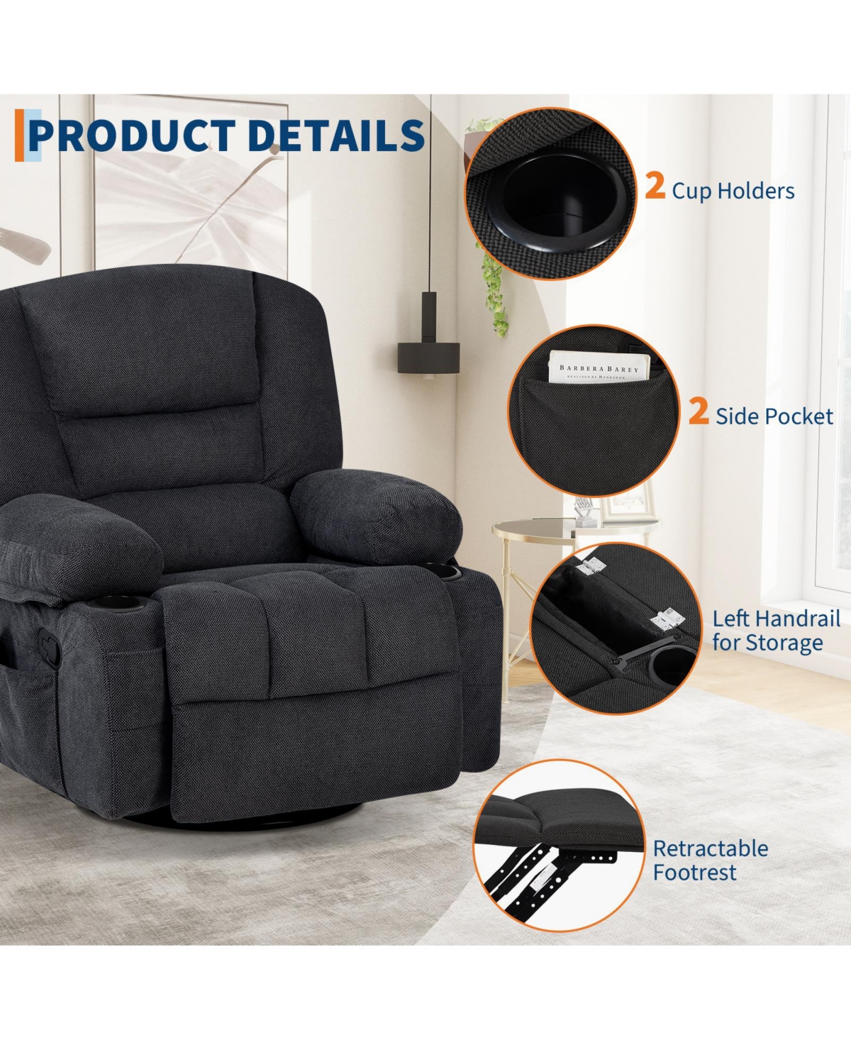 gaomon Oversized massage recliner with vibration and heating,Chenille,manual recline, side pocket,Cup Holders