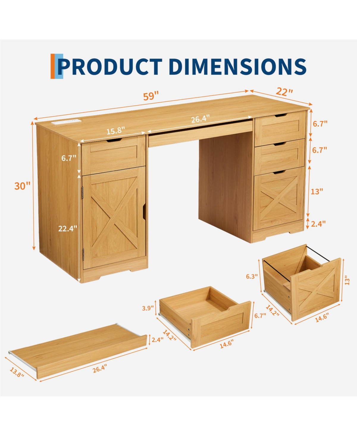 gaomon 59 Inch Office Desk with 4 Drawers Farmhouse Home Office Desk with Charging Station and Keyboard Tray/ Wooden Computer Desk