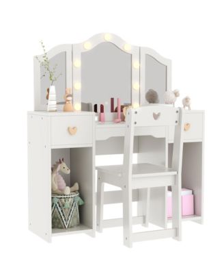 Kids Princess Vanity Table and Chair Set, Makeup Dressing Table with Mirror and Lights, Toddler Pretend Play Beauty Toy for Girls