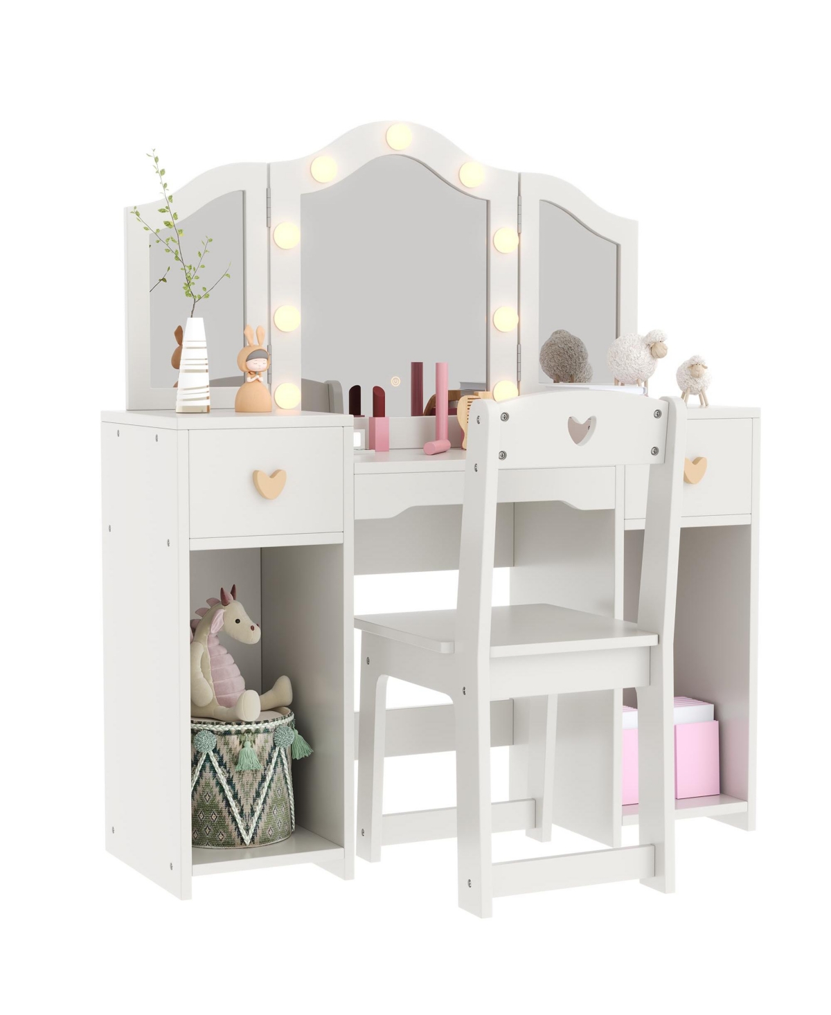 gaomon Kids Princess Vanity Table and Chair Set, Makeup Dressing Table with Mirror and Lights, Toddler Pretend Play Beauty Toy for Girls - White
