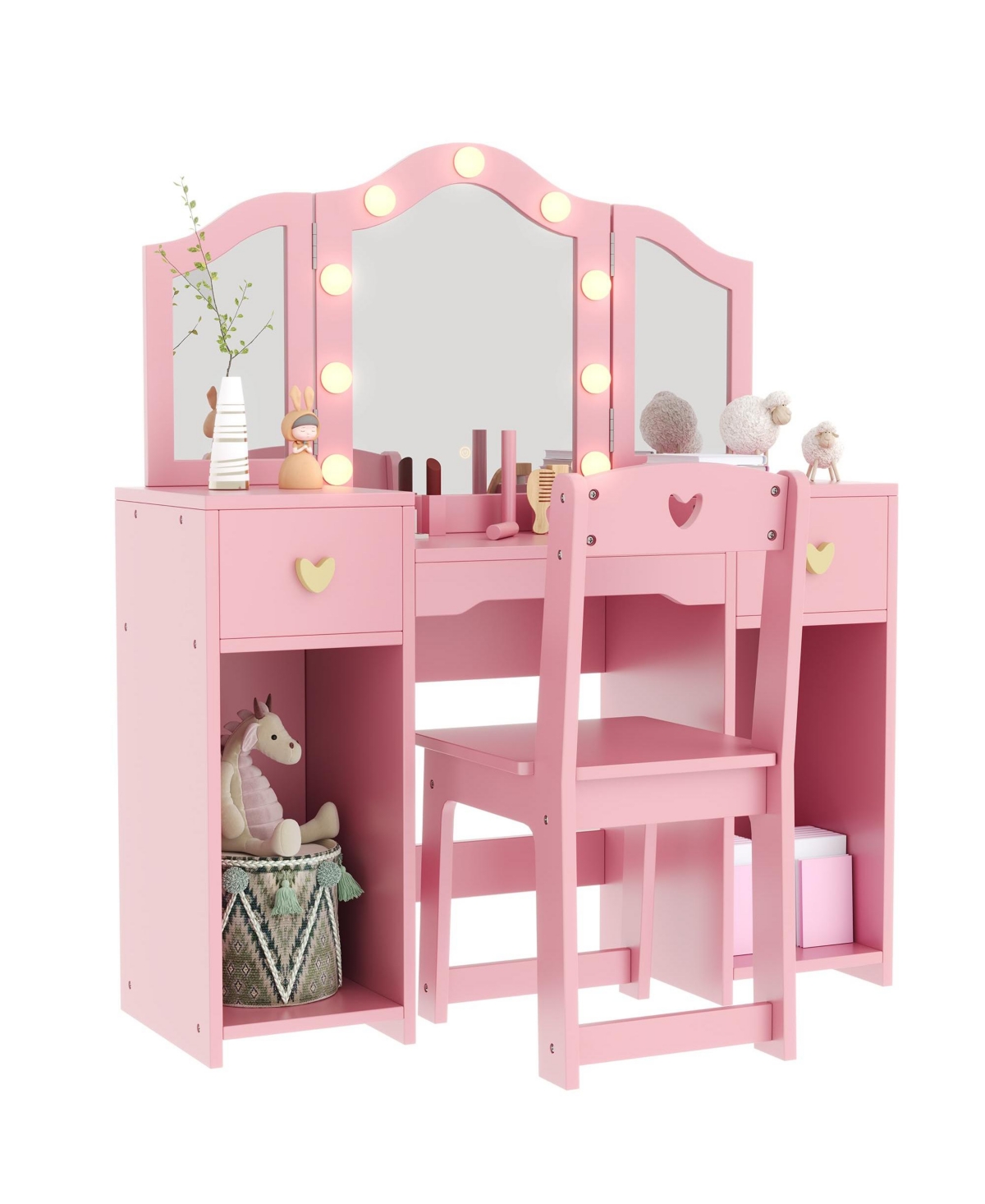 gaomon Kids Princess Vanity Table and Chair Set, Makeup Dressing with Mirror Lights, Toddler Pretend Play Beauty Toy for Girls
