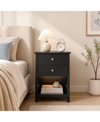Nightstand with Power Outlets | Open Storage and LED Light Strip, Modern Mid Century Bed Side Table with 2 Drawers, Side Bed Table
