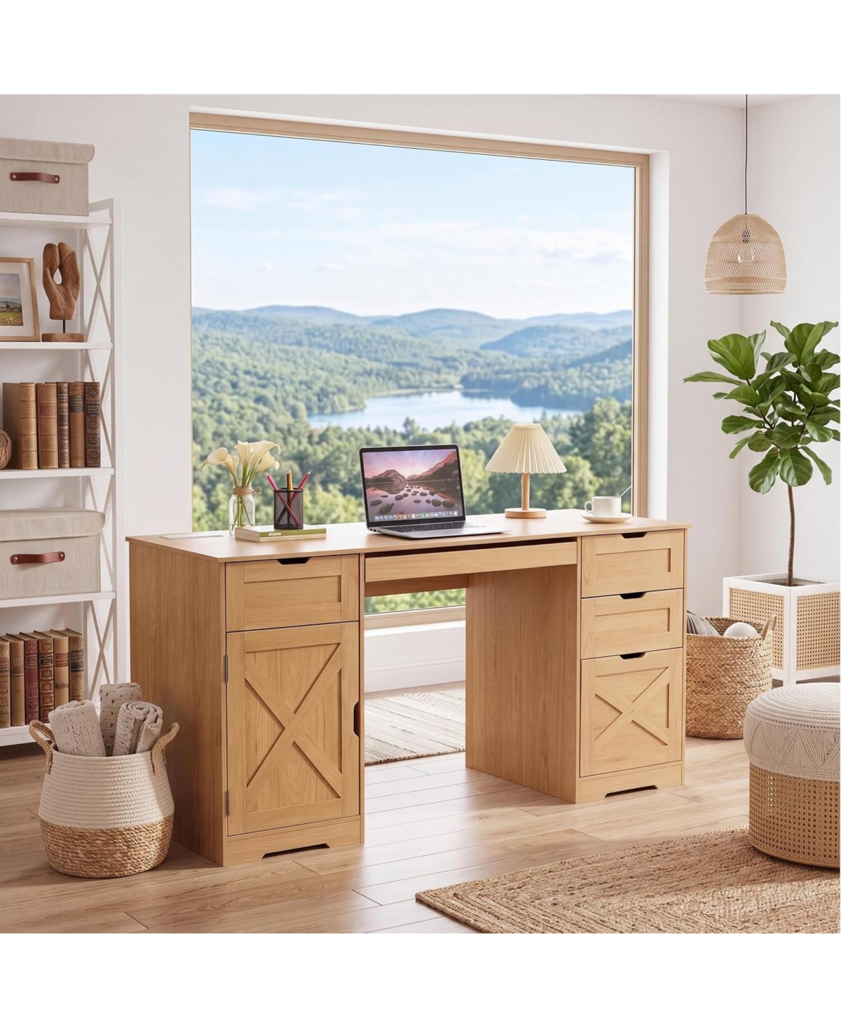 homfan 59" Farmhouse Office Desk with 4 Drawers, Charging Station and Keyboard Tray, Wood-Look