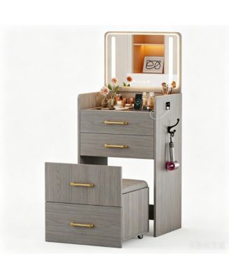 Mini Makeup Vanity Desk with LED Lighted Mirror, USB Charging Station, Hidden Rolling Stool