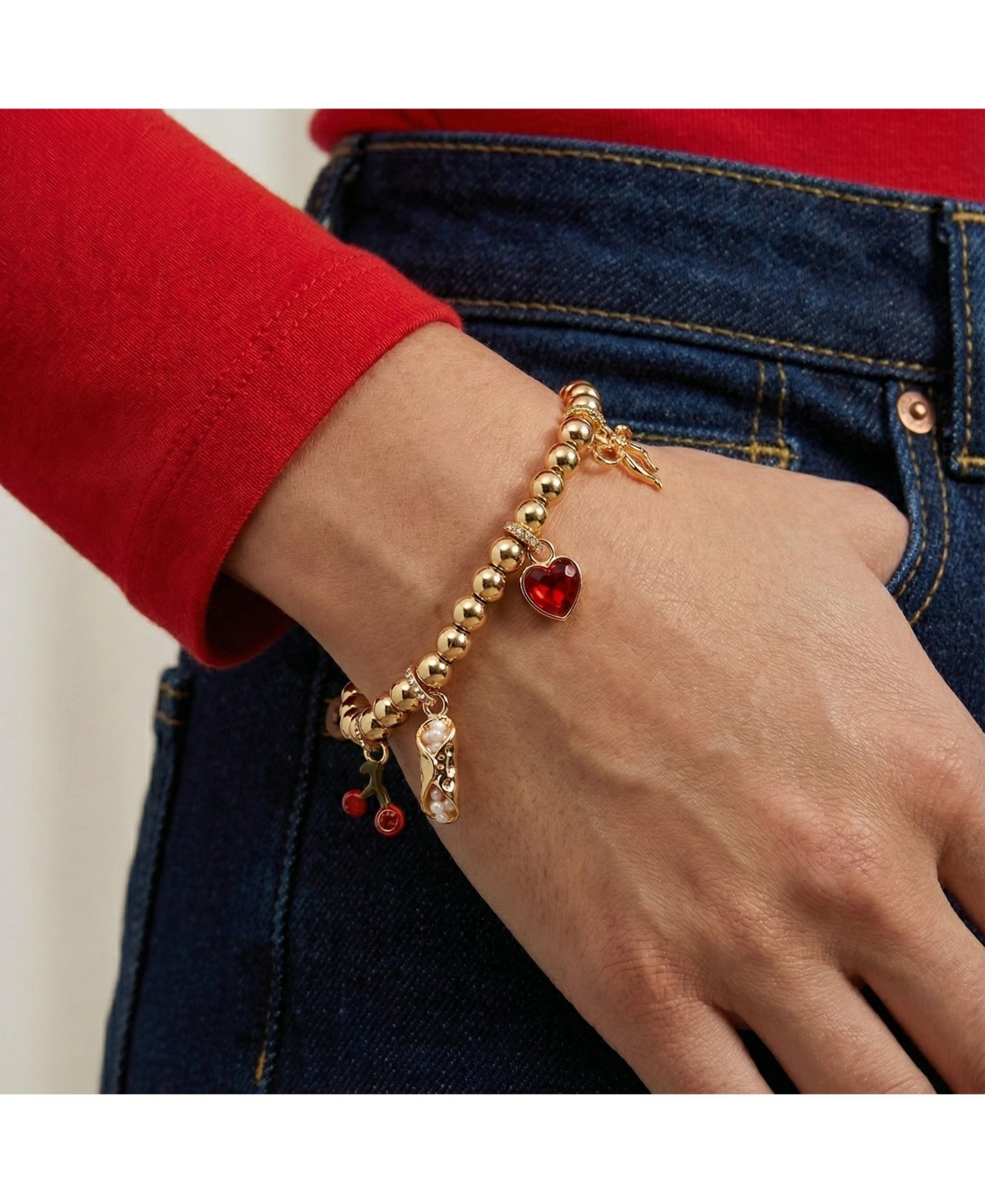 Alex and Ani There Cannoli Be You' Bow and Heart Beaded Charm Stretch Bracelet