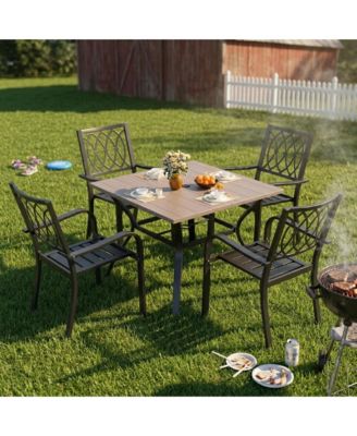 5 Piece Patio Dining Set, 37.8in Square Wood Grain Table and 4 Slatted Metal Chairs
