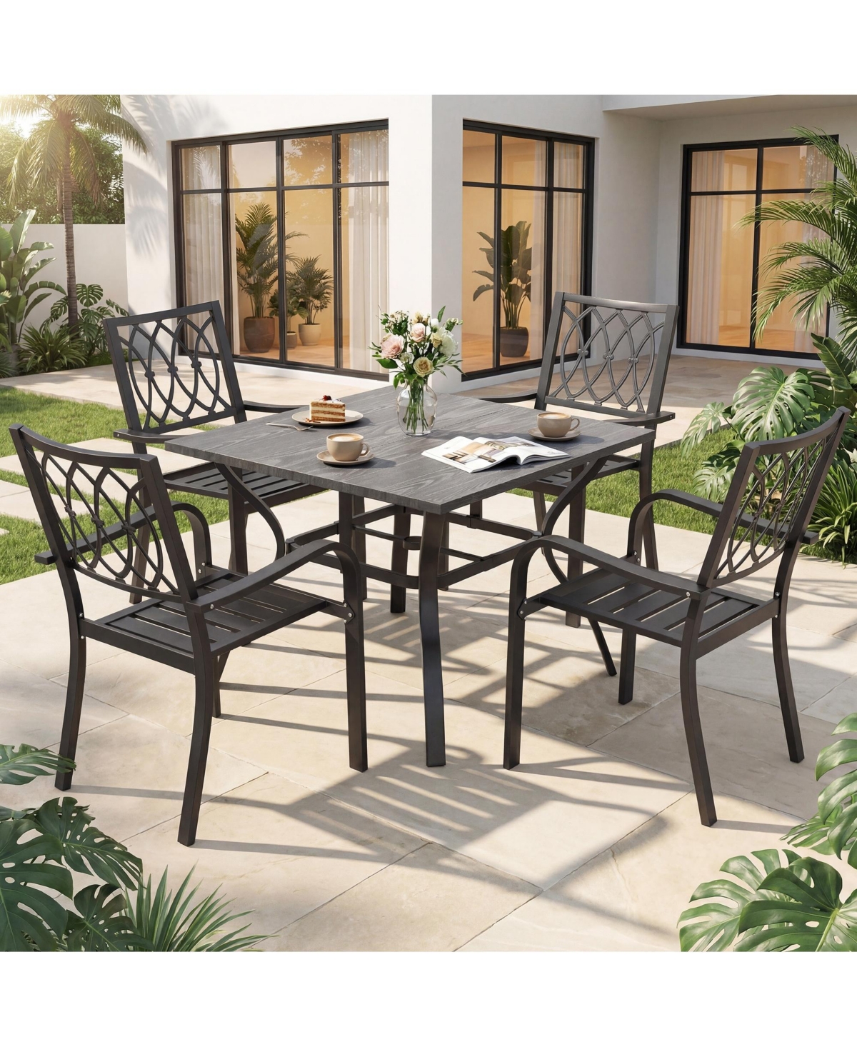 Clihome 5 Piece Patio Dining Set, 37.8in Square Wood Grain Table and 4 Slatted Metal Chairs