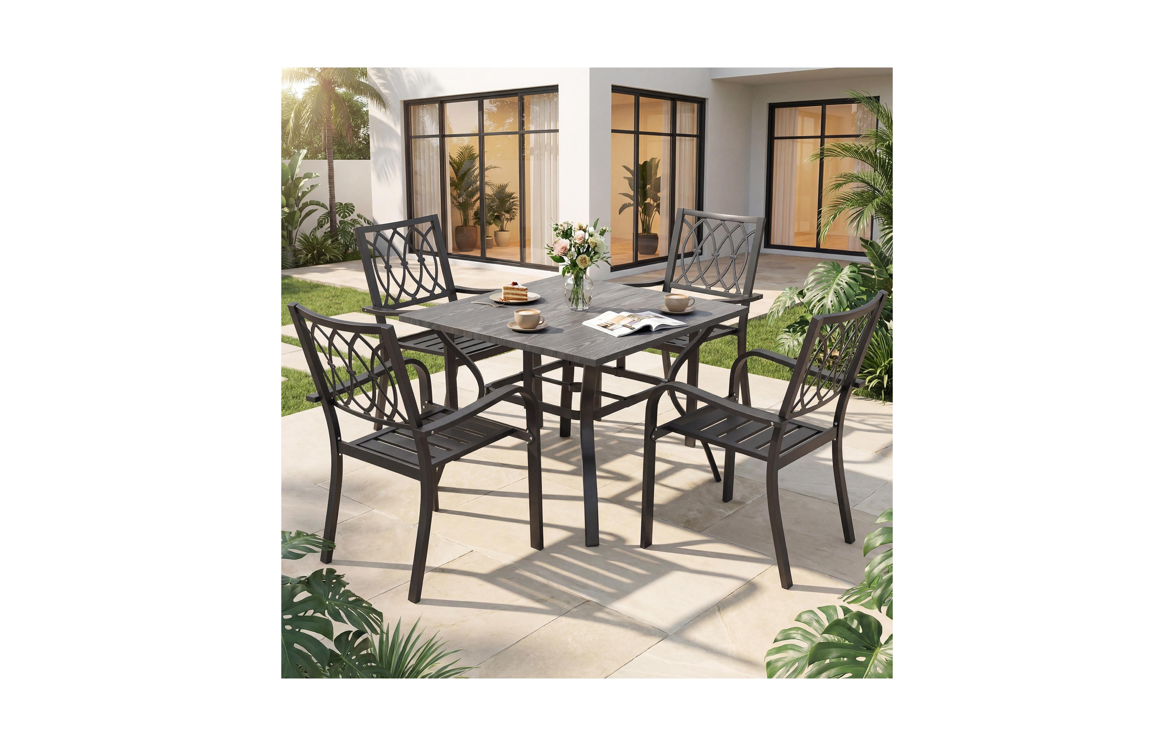 Clihome 5 Piece Patio Dining Set, 37.8in Square Wood Grain Table and 4 Slatted Metal Chairs