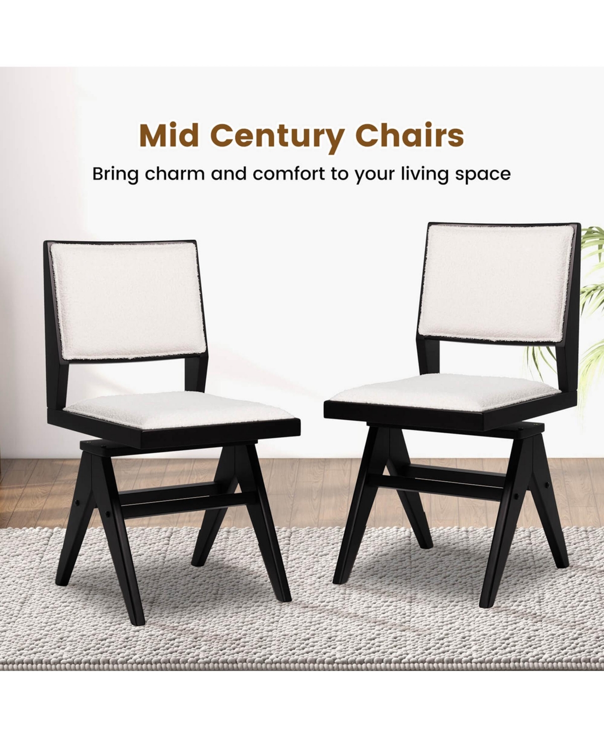 Costway Mid Century Modern Dining Chairs Set of 2 Faux Shearling Upholstered Dinner Chairs