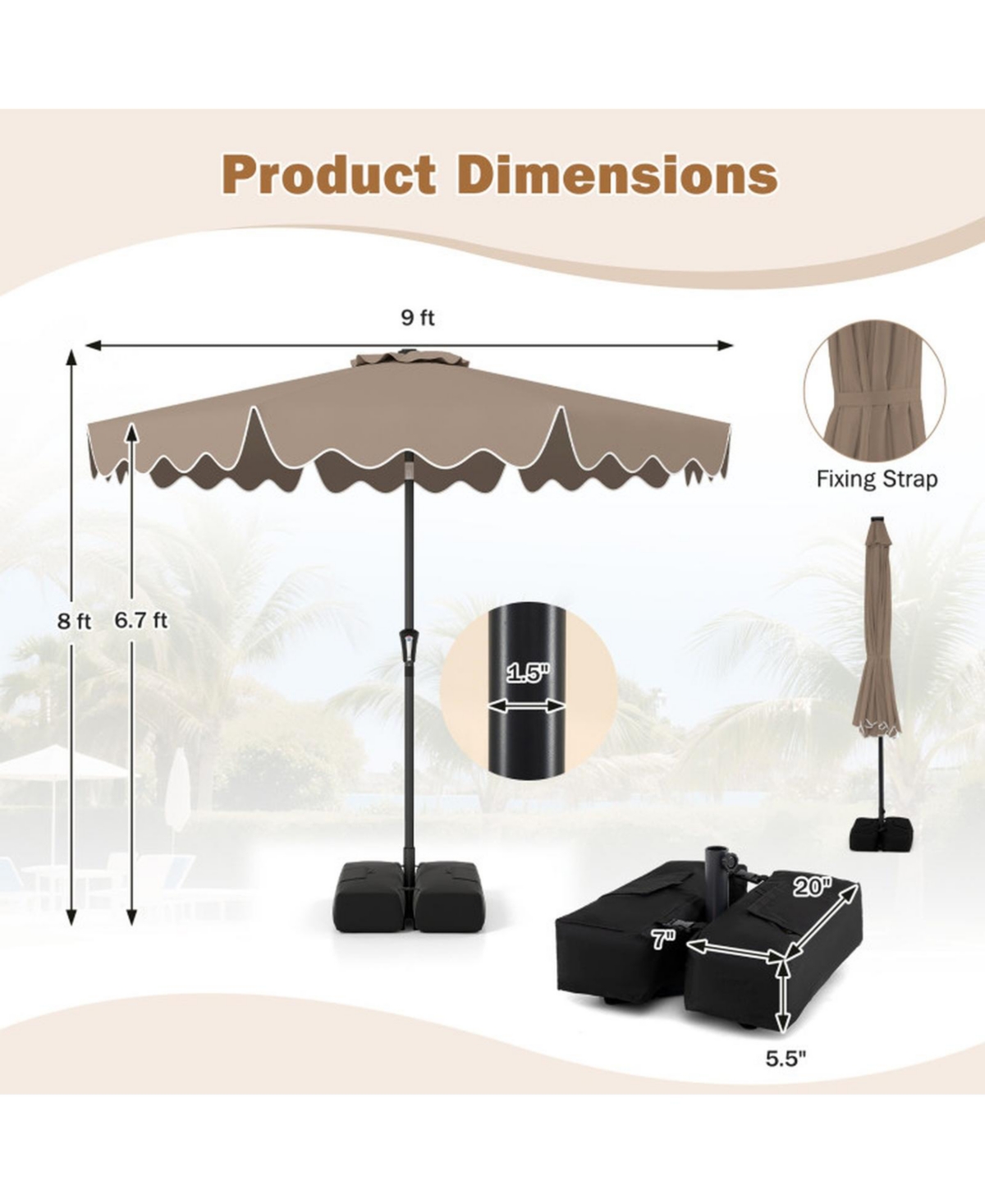 Sugift 9 Feet Patio Umbrella with Weighted Base and 2 Sandbags