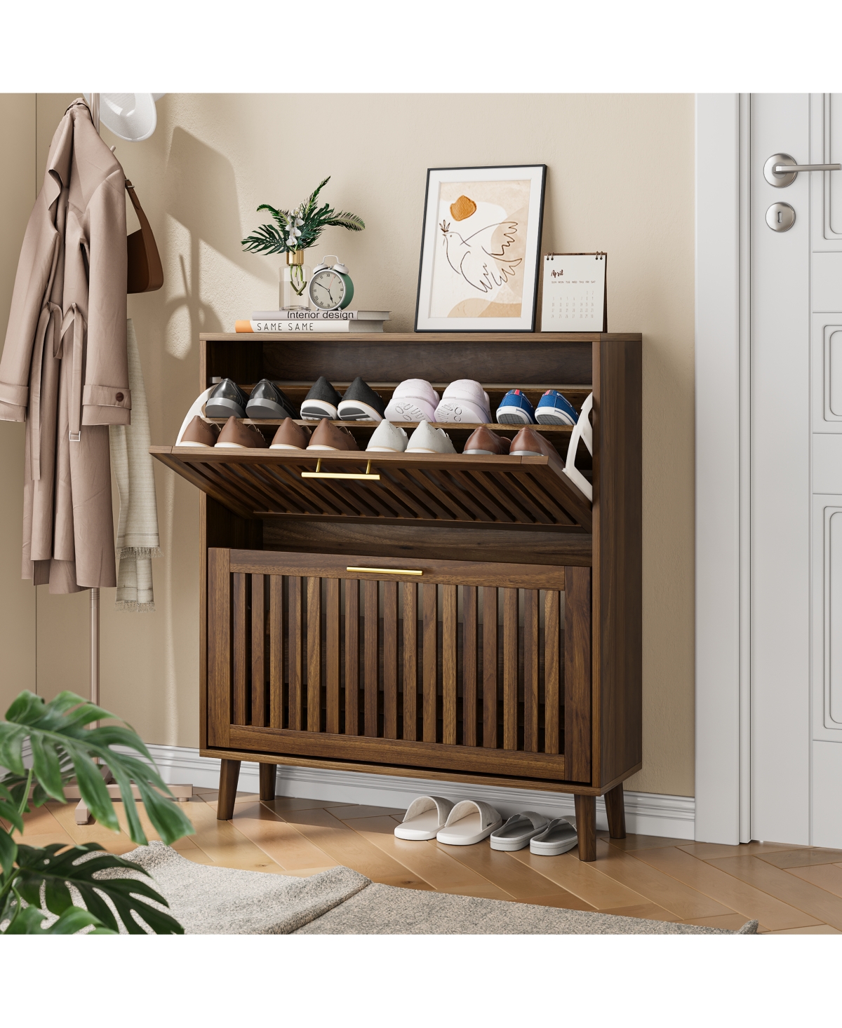 Boyel Living 31.5-Inch Shoe Storage Cabinet, Medieval Modern Independent Shoe Cabinet, Fence Shoe Cabinet with 2 Flip Drawers