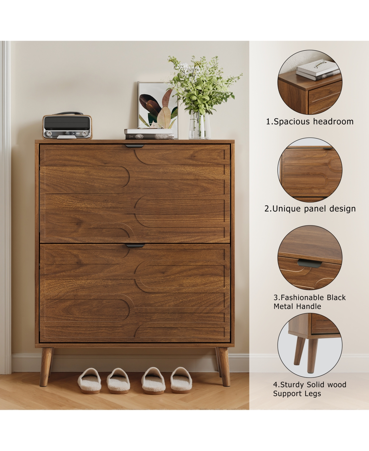 Boyel Living 31.5-Inch Medieval Modern Shoe Storage Cabinet, Freestanding Farmhouse Entryway Organizer with 2 Flip Drawers and Solid Wood Legs