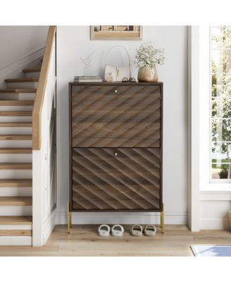 23.6-Inch Mid-Century Modern Shoe Storage Cabinet, Freestanding Entryway Organizer with 2 Flip-Top Drawers and Metal Legs