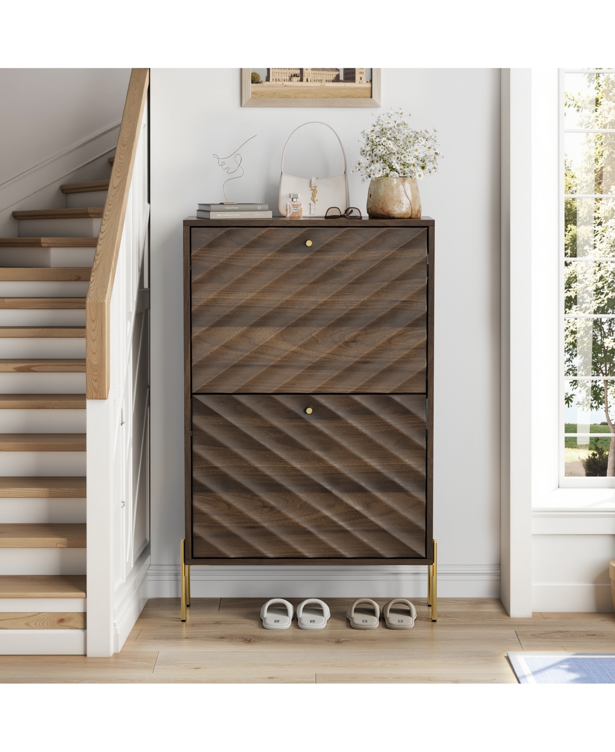 Boyel Living 23.6-Inch Mid-Century Modern Shoe Storage Cabinet, Freestanding Entryway Organizer with 2 Flip-Top Drawers and Metal Legs