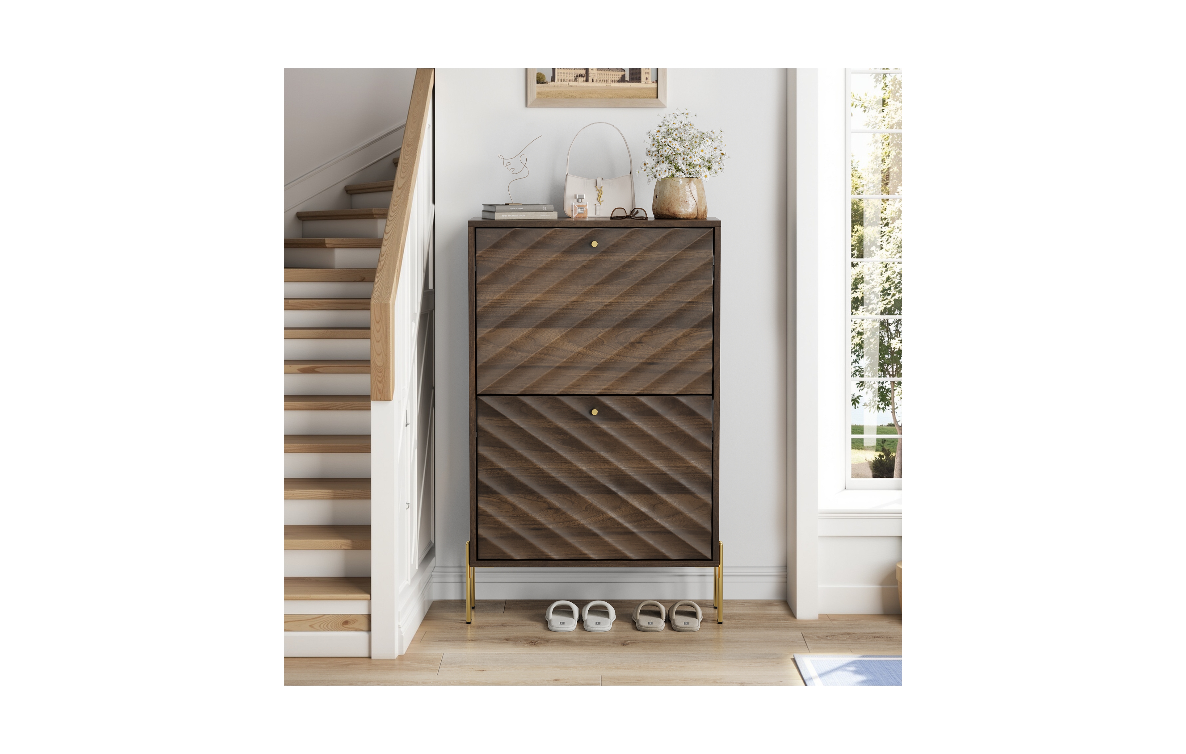 Boyel Living 23.6-Inch Mid-Century Modern Shoe Storage Cabinet, Freestanding Entryway Organizer with 2 Flip-Top Drawers and Metal Legs