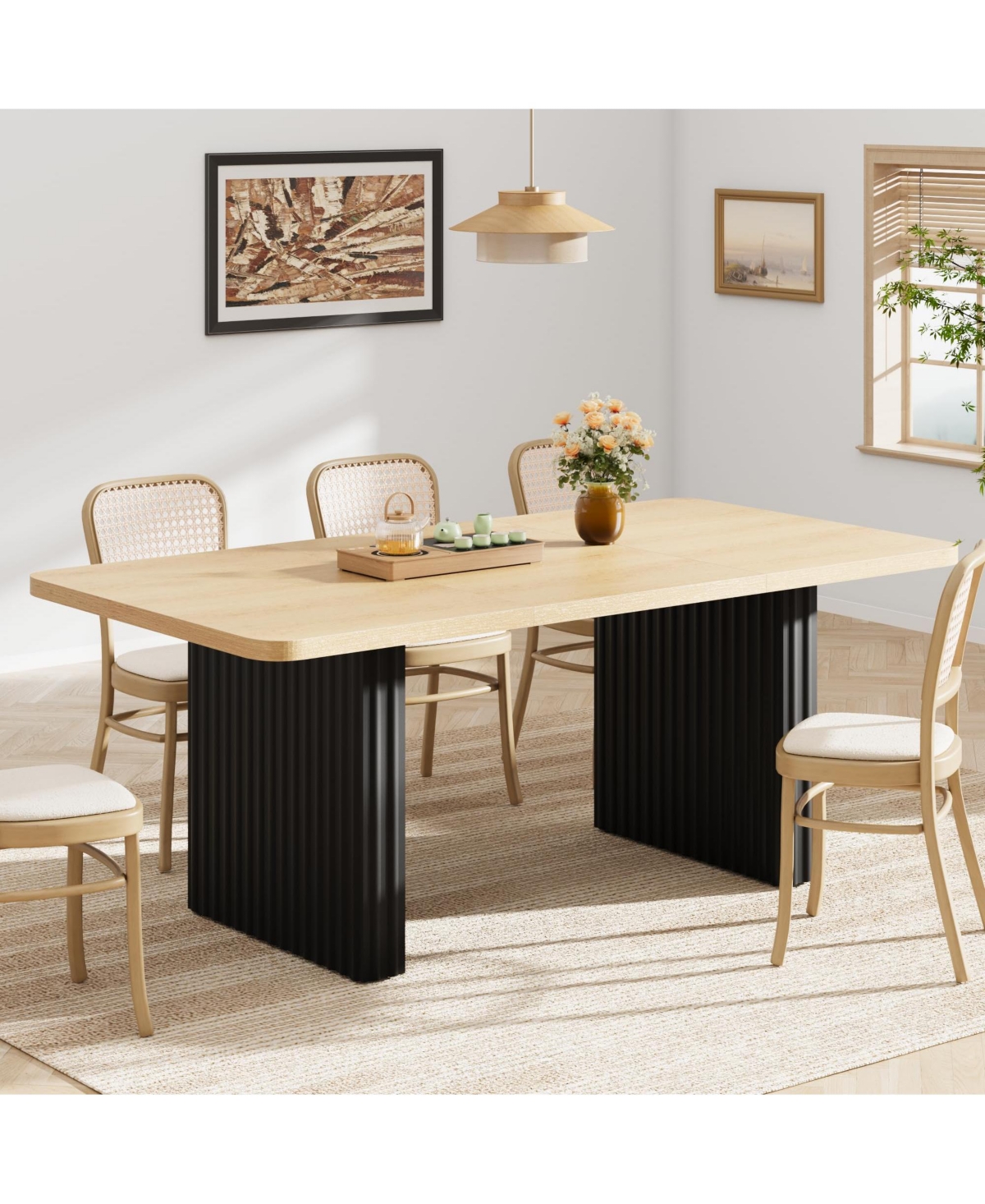 gaomon Dining Table for 6-8, 71" Rectangular Farmhouse Kitchen Table with 3.6"×22.9" Fluted Wave Metal Legs and Wooden Top, Large Dining Table