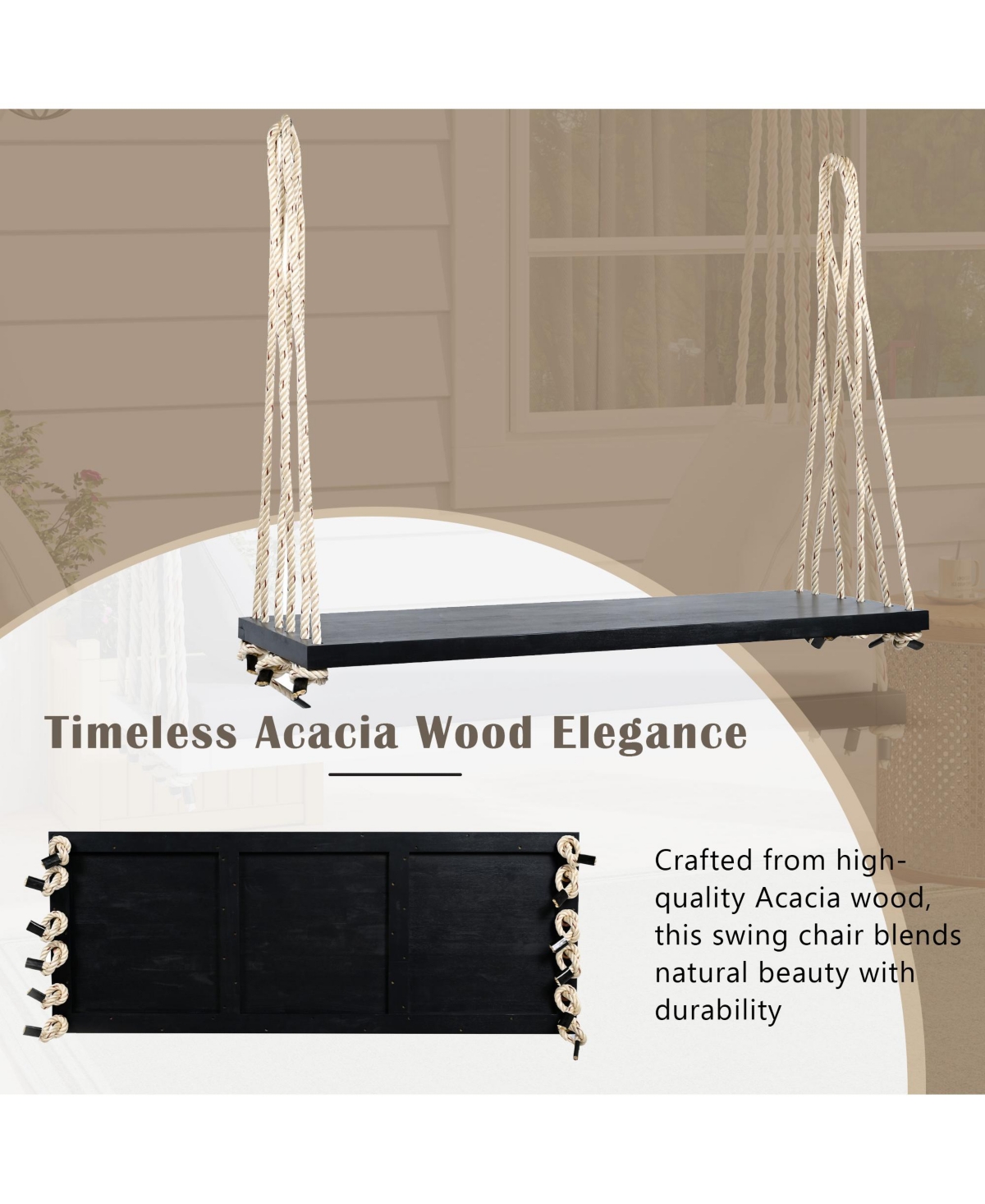 Boyel Living Wooden Porch Swing Bench with Cushion & Pillows, 10.8 ft Hemp Ropes