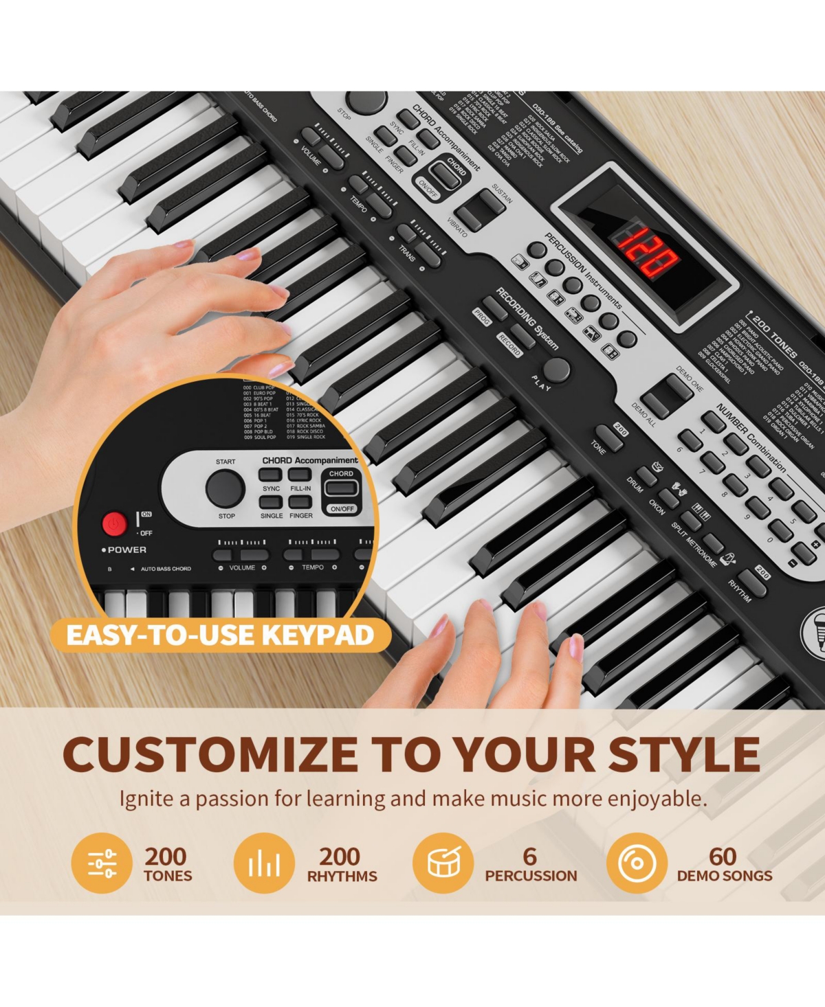Sugift 61-Key Lighted Electric Piano Keyboard for Beginners with Stand and Bench, Ages 6+