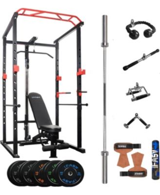 Home Gym Power Cage Set with Lat Pulldown 210 lb Bumper Plates Bench Barbell and Cable Attachments