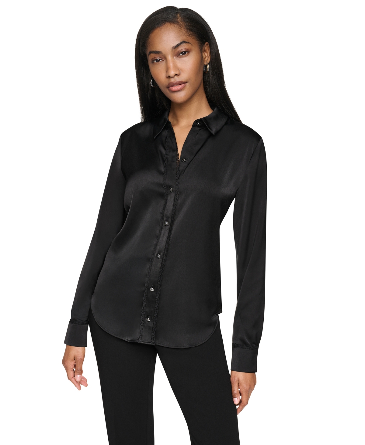 Dkny Women's Long-sleeve Lace-trim Point-collar Blouse In Black