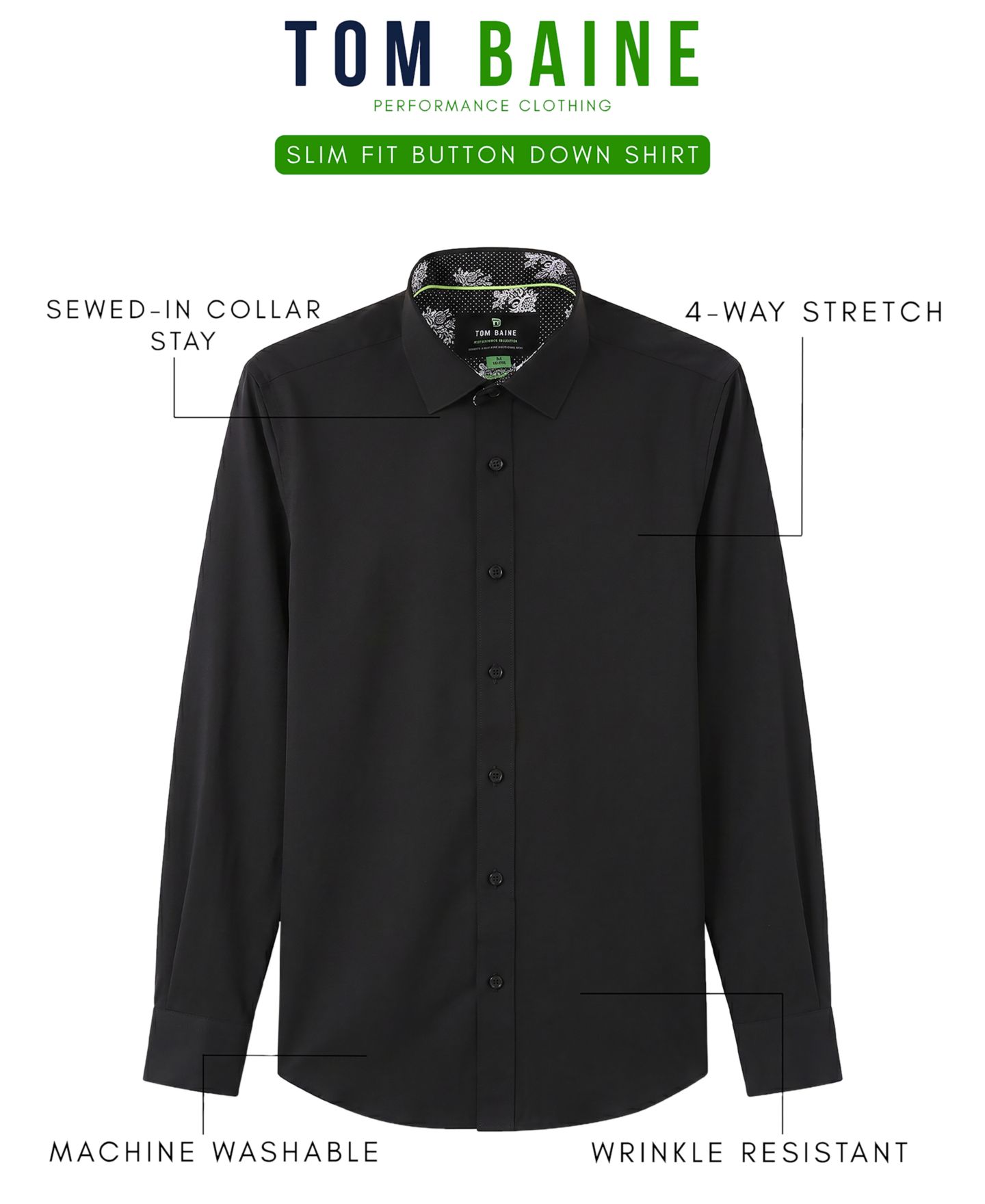 Мужская рубашка Tom Baine Slim Fit Performance Solid Button Down Shirt, цвет: Чёрный однотонный — фото 5