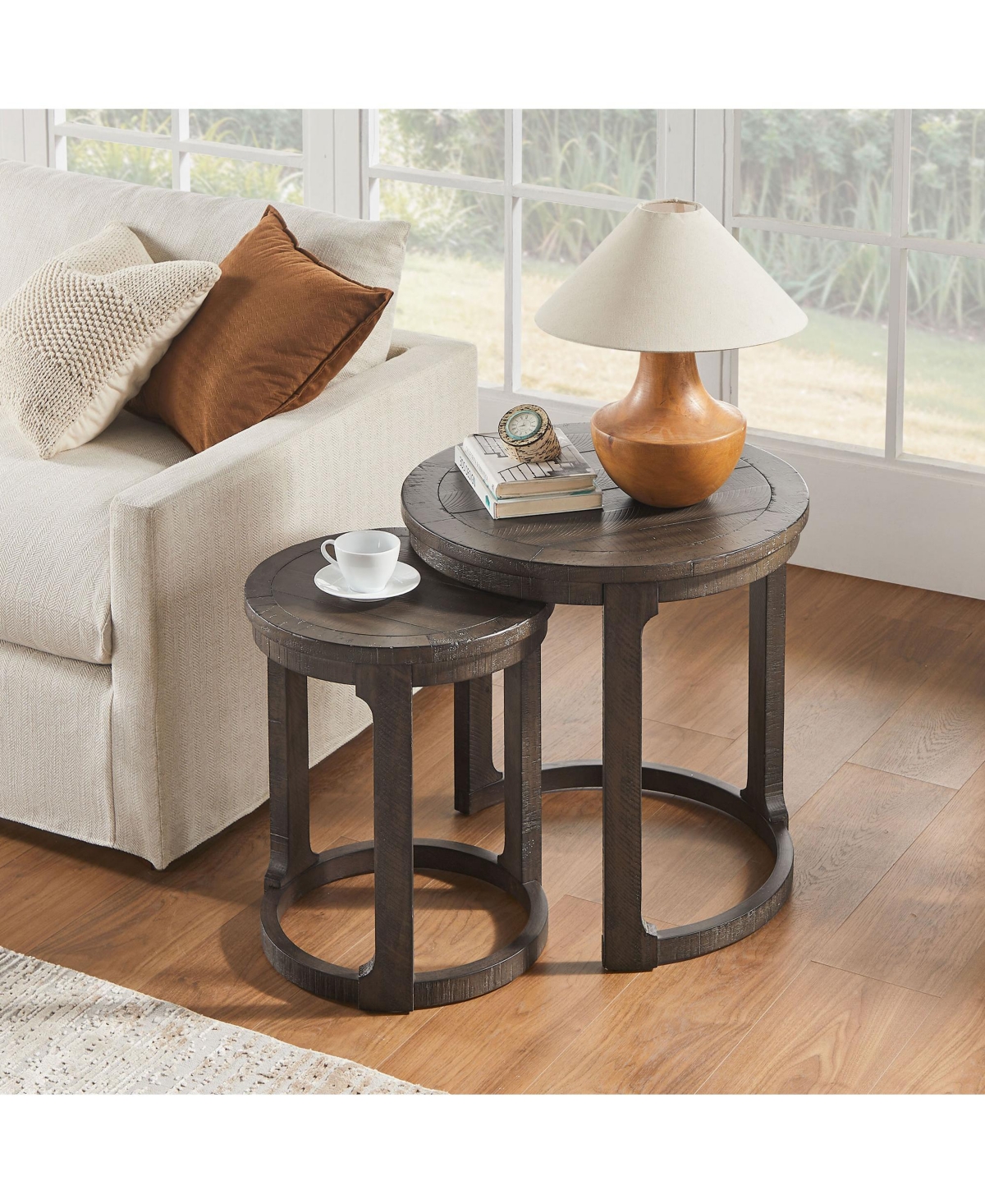 Flynama 2Piece Solid Wood Round Side Table Set Mid Century Nesting Coffee Table