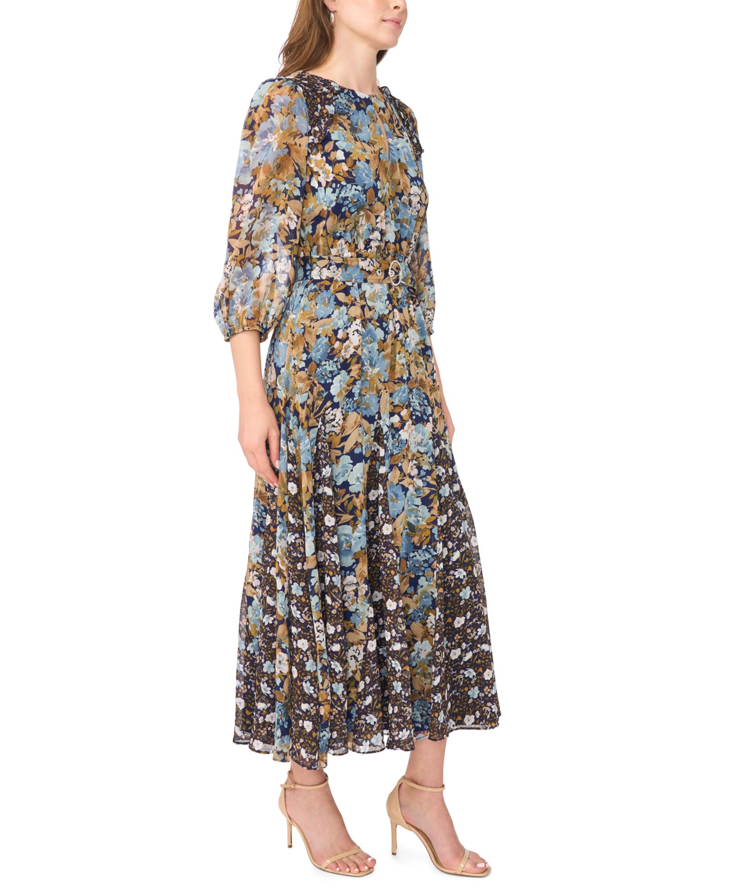 Women's Keyhole Belted Floral Maxi Dress