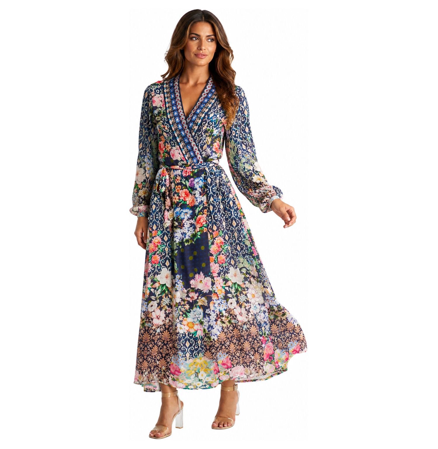 Women's Floral-Patchwork Long-Sleeve Wrap Maxi Dress
