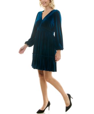 Women's Blue Smocked Velvet Dresses