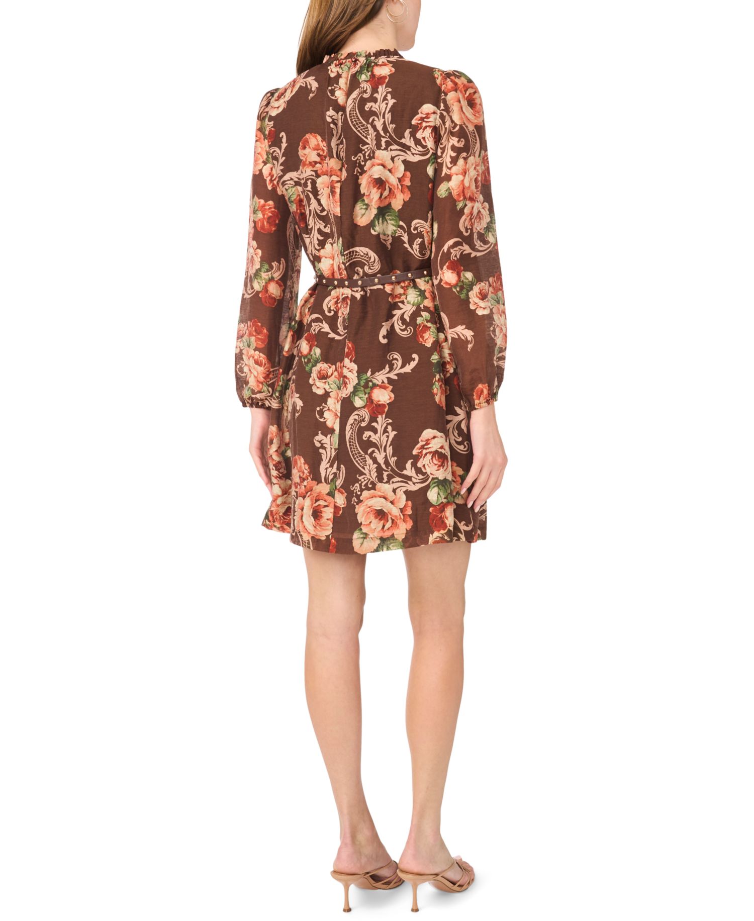 Petite Long-Sleeve Floral Fit & Flare Chiffon Dress