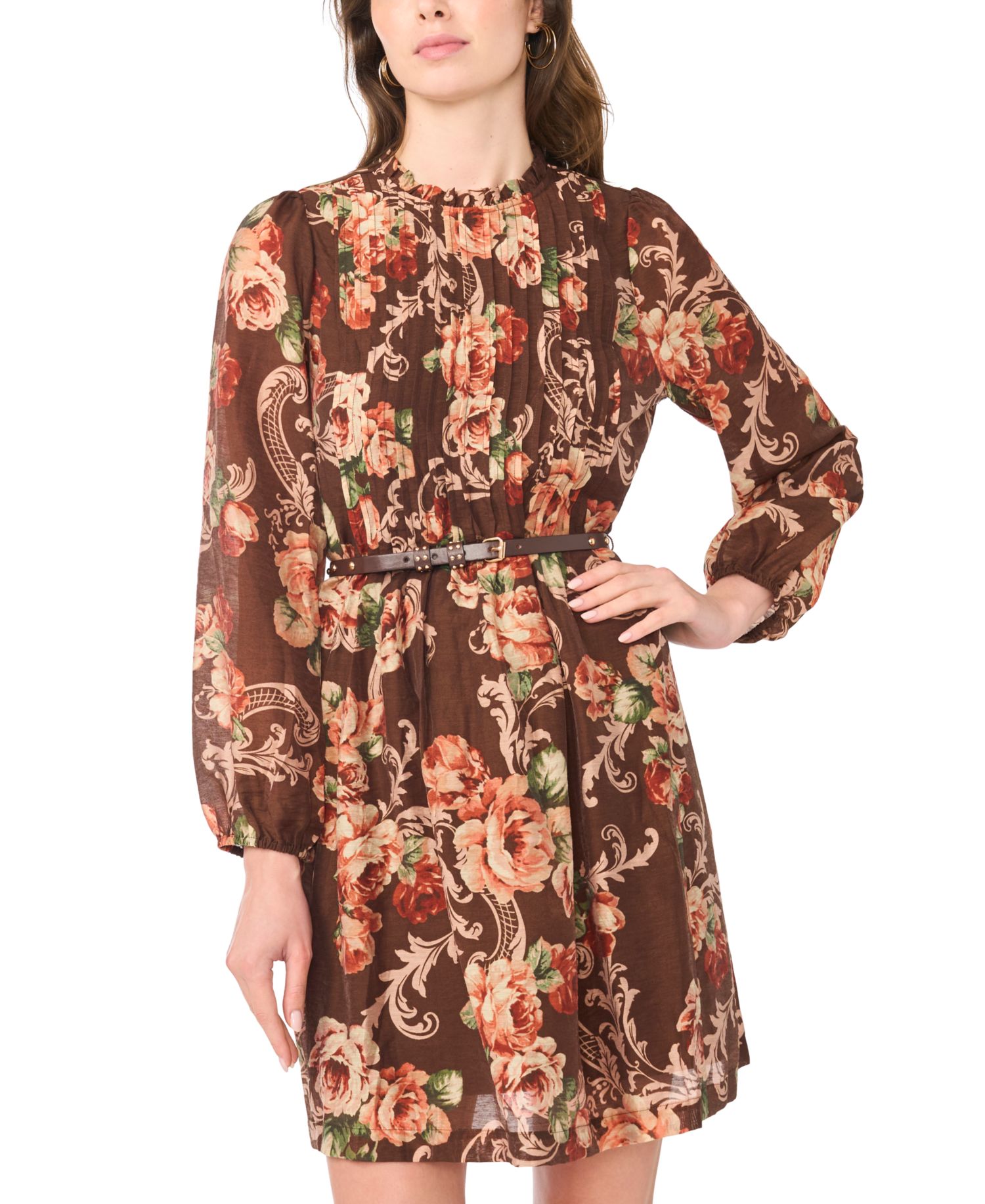 Petite Long-Sleeve Floral Fit & Flare Chiffon Dress