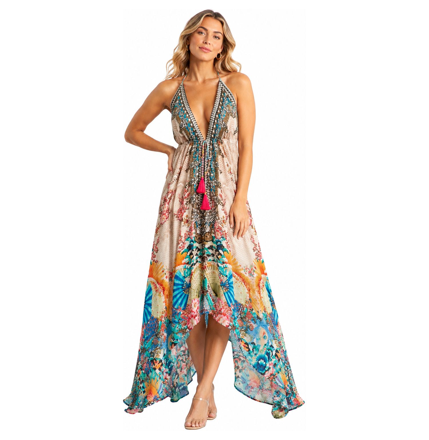 Women's Floral Halter Plunge Maxi Dress