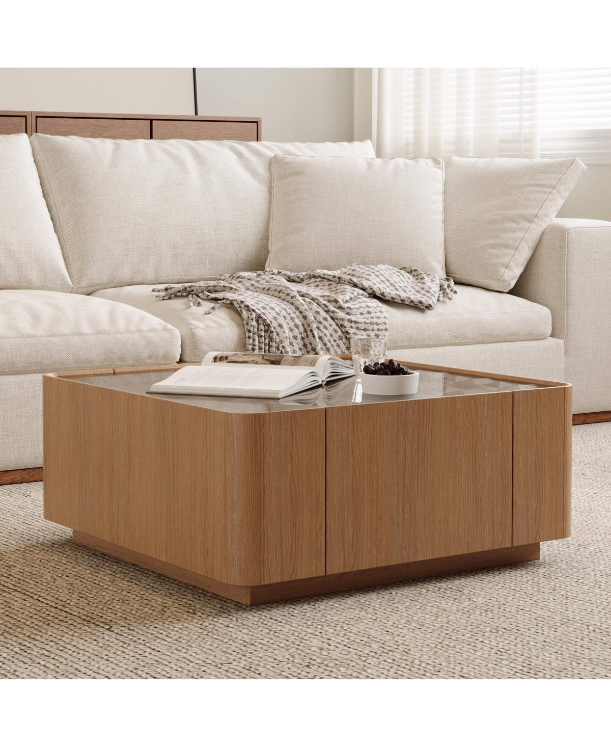 Flynama Square Glass Coffee Table Walnut Frame Storage Drawers Modern Living Room Table