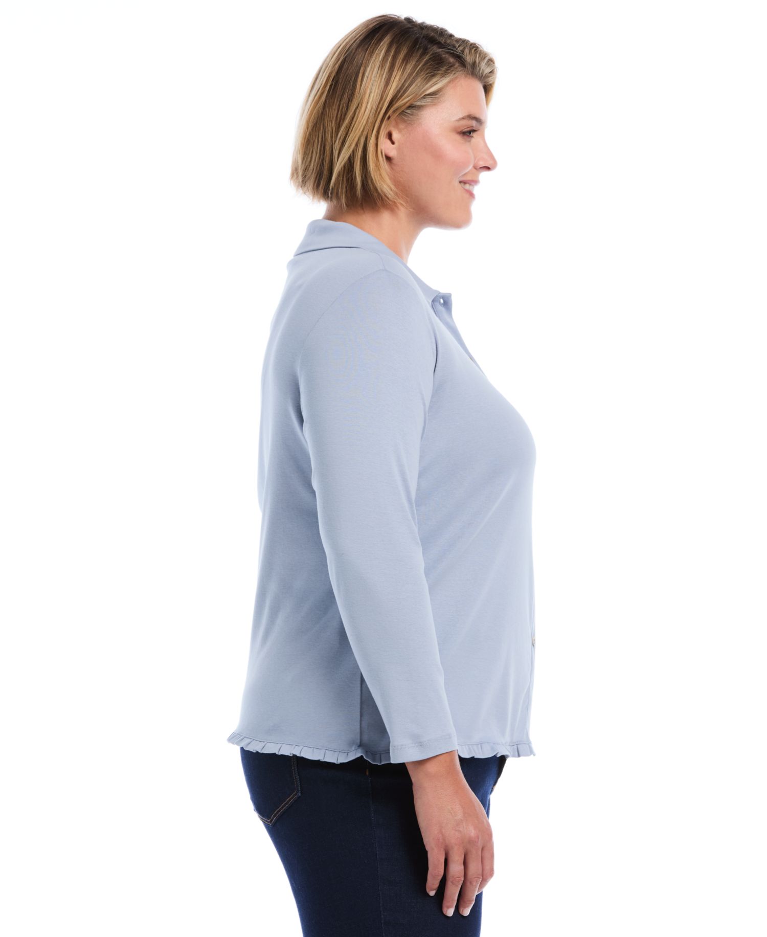 Plus Size Long-Sleeve Point Collar Ruffle-Trim Top