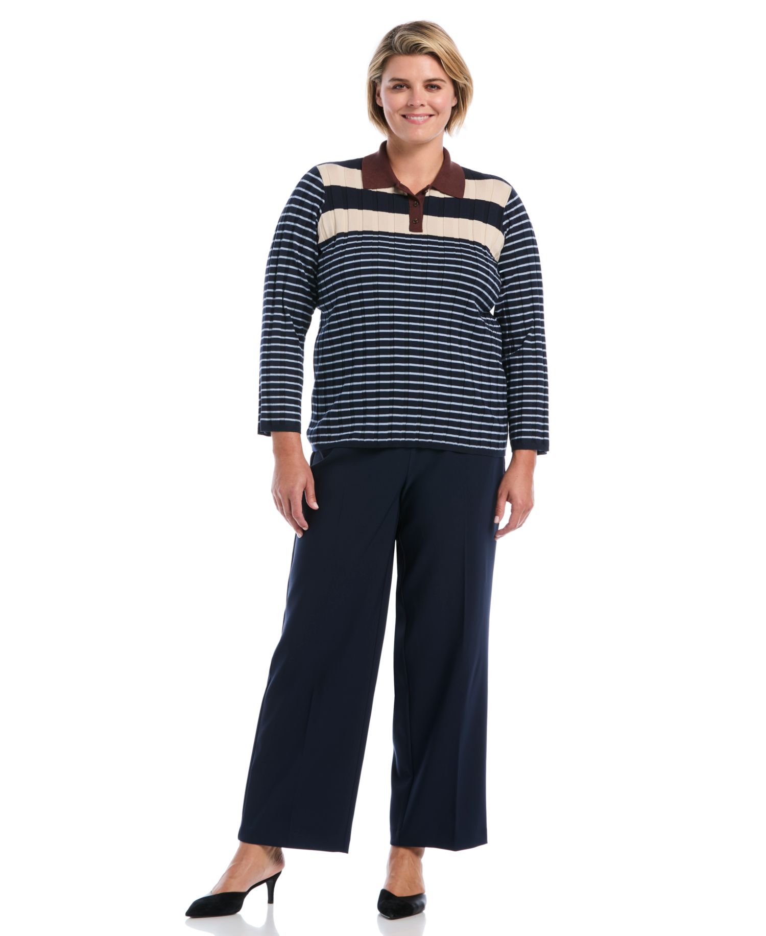 Plus Size Striped Polo 3/4 Sleeve Sweater