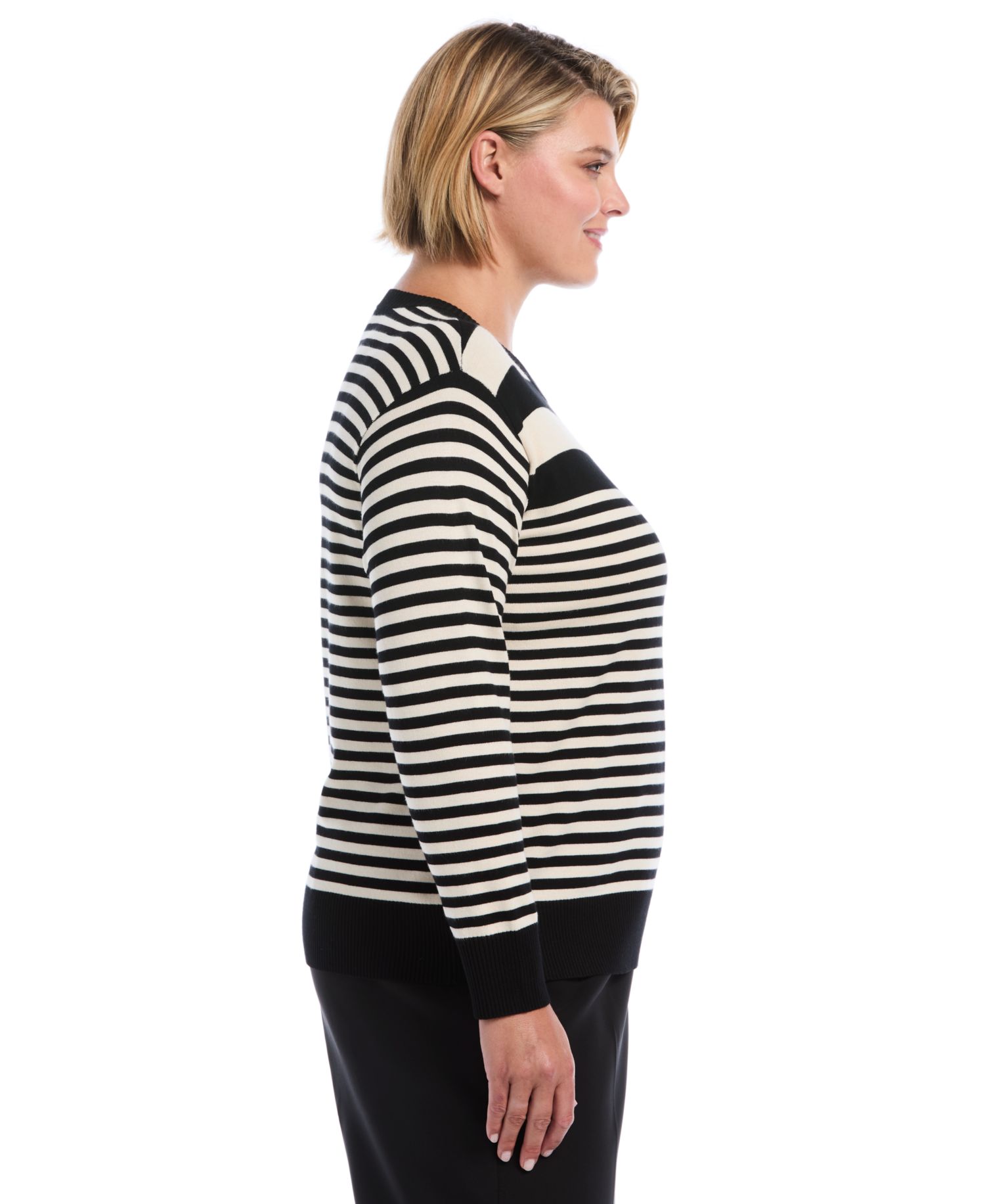 Plus Size Striped Crewneck Ribbed Trim Pullover Sweater