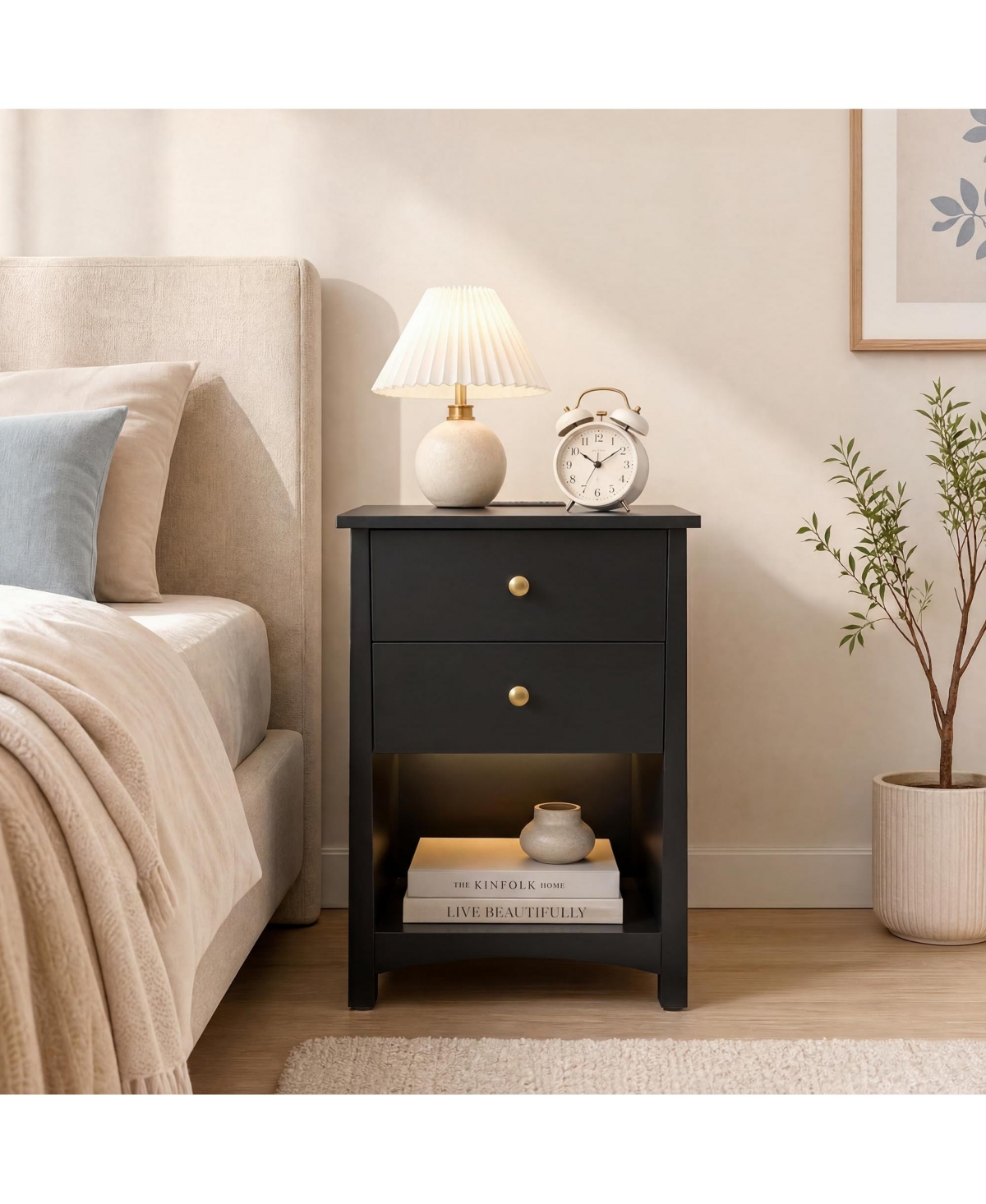 homfan 2 Set of Nightstand with Power Outlets | Open Storage and Led Light Strip, Modern Mid Century Bed Table Drawers,