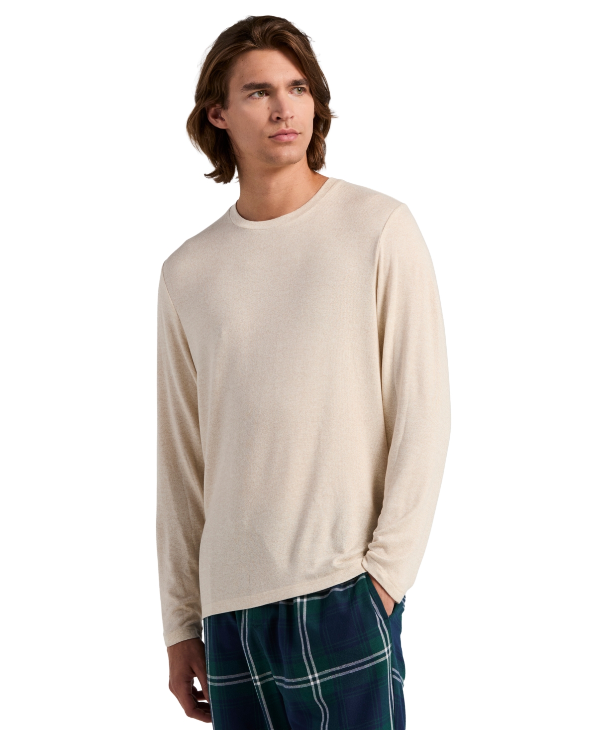 Perry Ellis Portfolio Men's Cozy Knit Long-Sleeve Crewneck Single-Knit Sleep Shirt - Egret