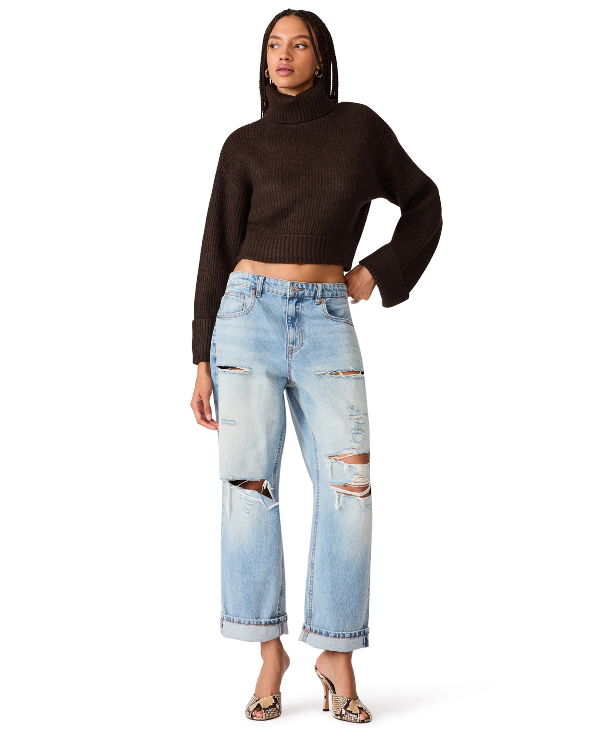 Steve Madden Women's Adelaide Turtleneck Cropped Ribbed-Knit Sweater