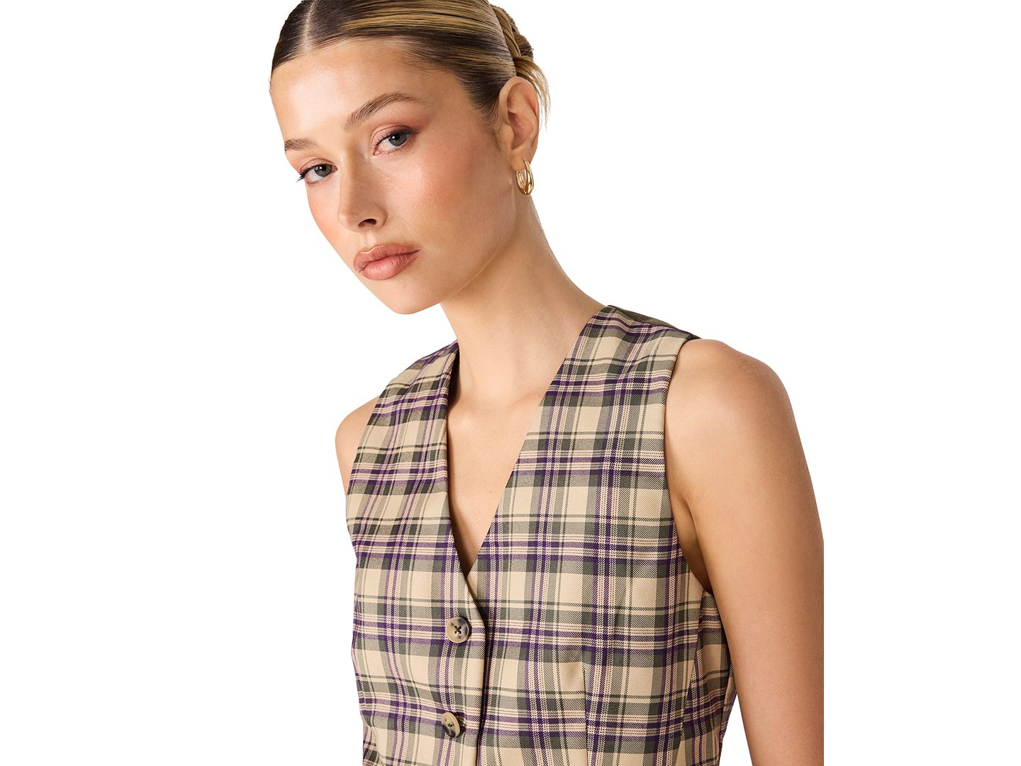 Женский жилет Steve Madden Barret Vest V-Neck Button-Up Vest, цвет: Жёлтый клетчатый — фото 4