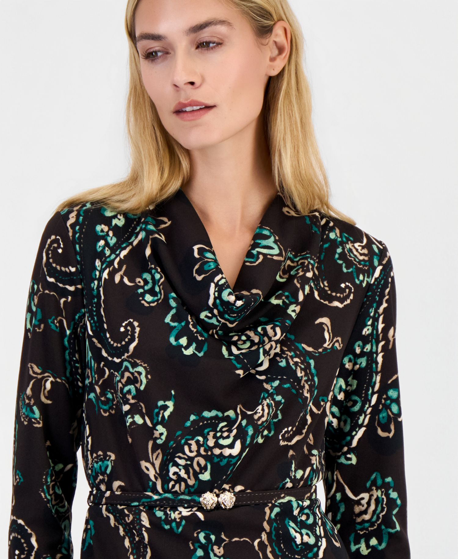Women's Cowl Neck Sheath Long-Sleeve Paisley-Print Dress