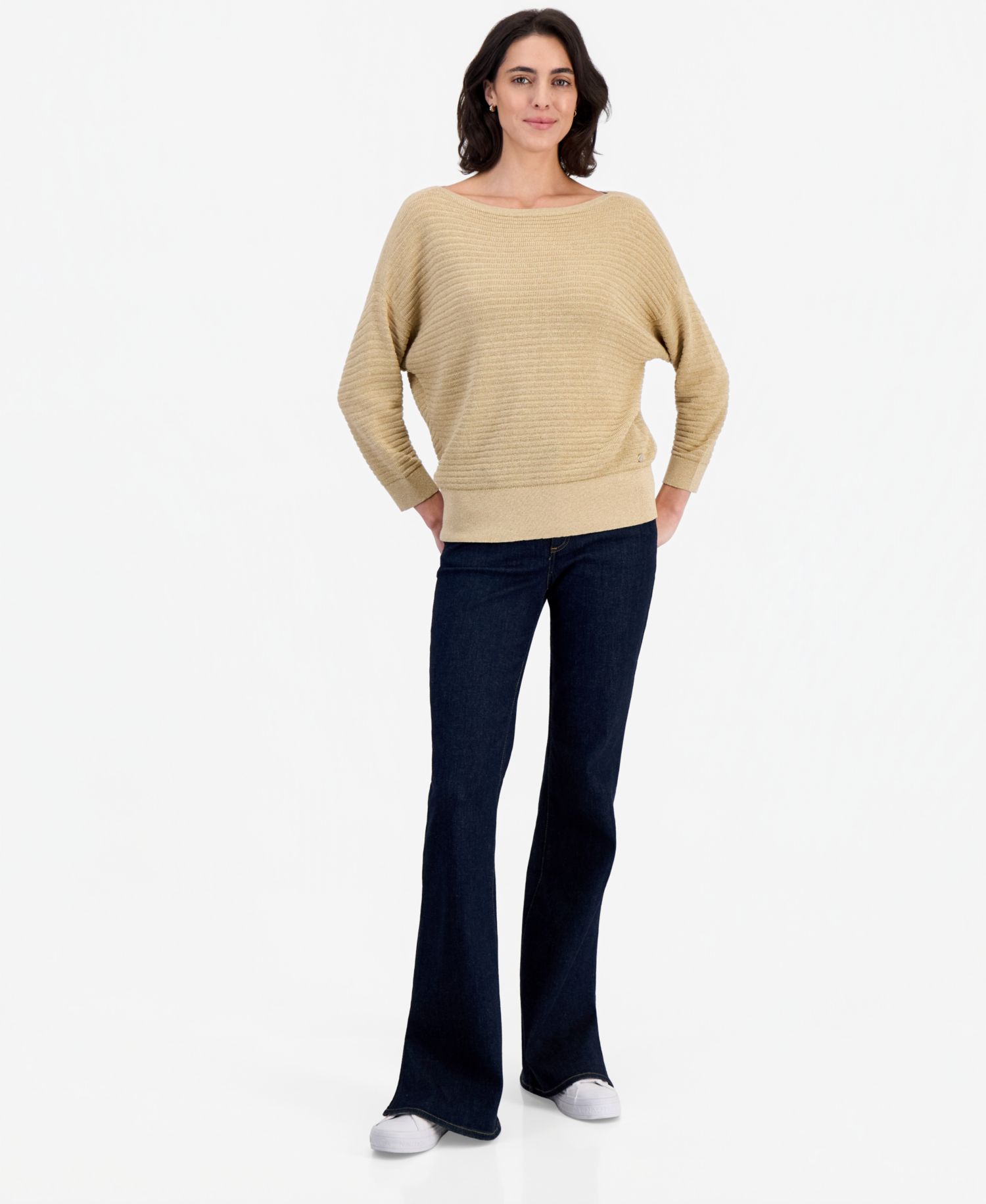 Women's Lurex-Knit 3/4-Length-Sleeve Boatneck Sweater