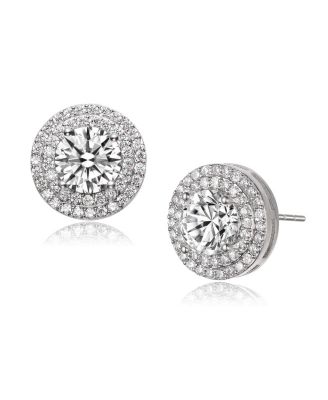 Dainty Sterling Silver Brilliant CZ Double Halo Stud Earrings
