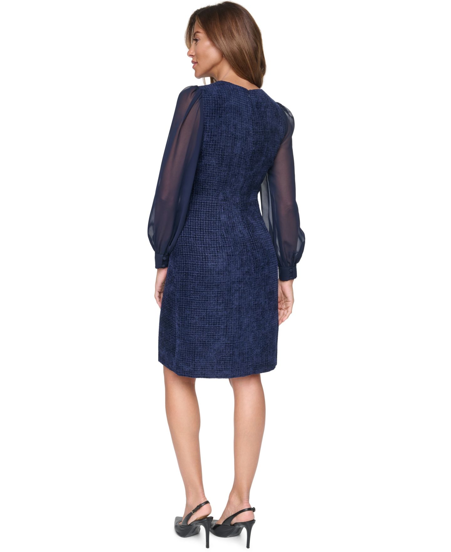 Женское платье Eliza J Petite Crewneck Sheer Long-Sleeve Knee-Length, цвет: Тёмно-синий — фото 5
