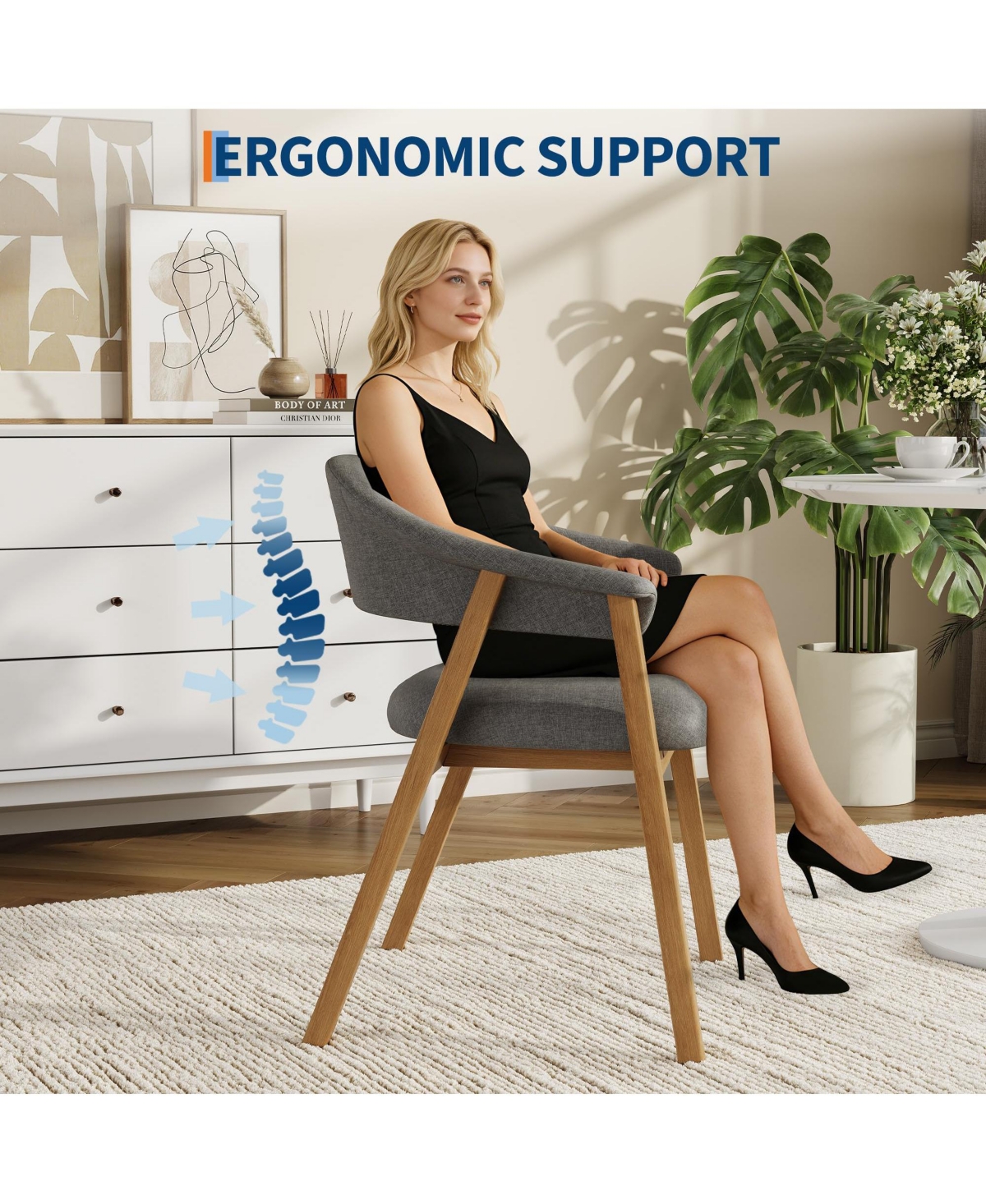 homfan 2 Set of Upholstered Dining Chairs with Arms, Chenille Fabric Armchair Wooden Legs and Curved Backrest, Accent for