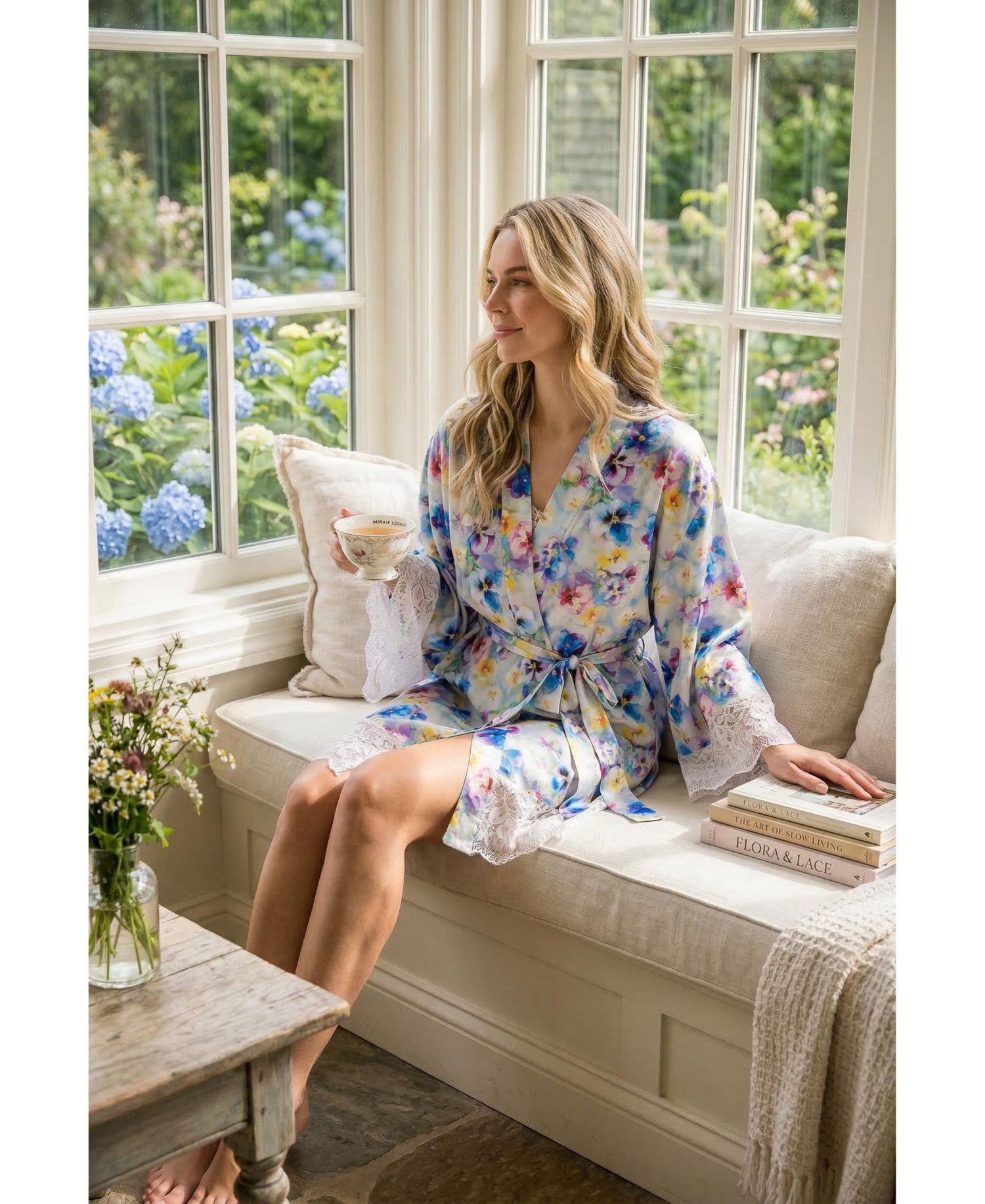 Women's Satin Sparkle-Lace Floral Wrap Robe