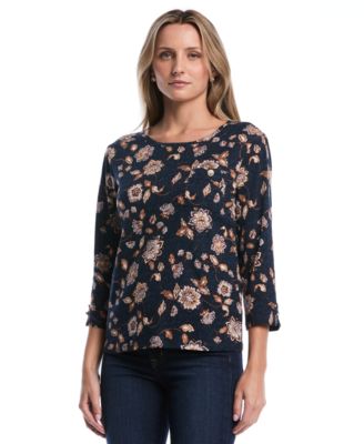 Women's Petite Floral 3/4-Sleeve Rib-Knit T-Shirt