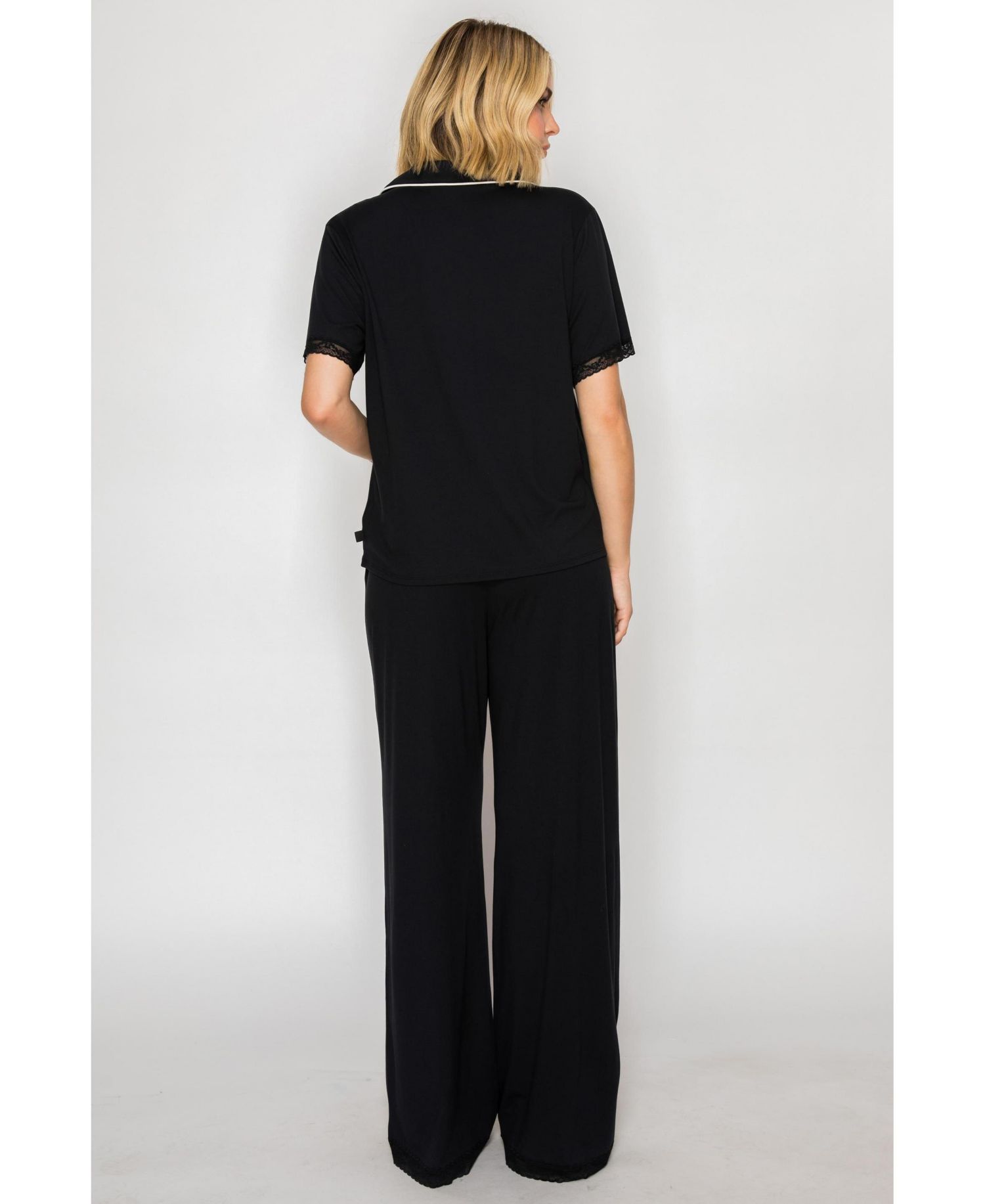 Women's Yummy Short-Sleeve Button-Up Wide-Leg Top and Pants Set